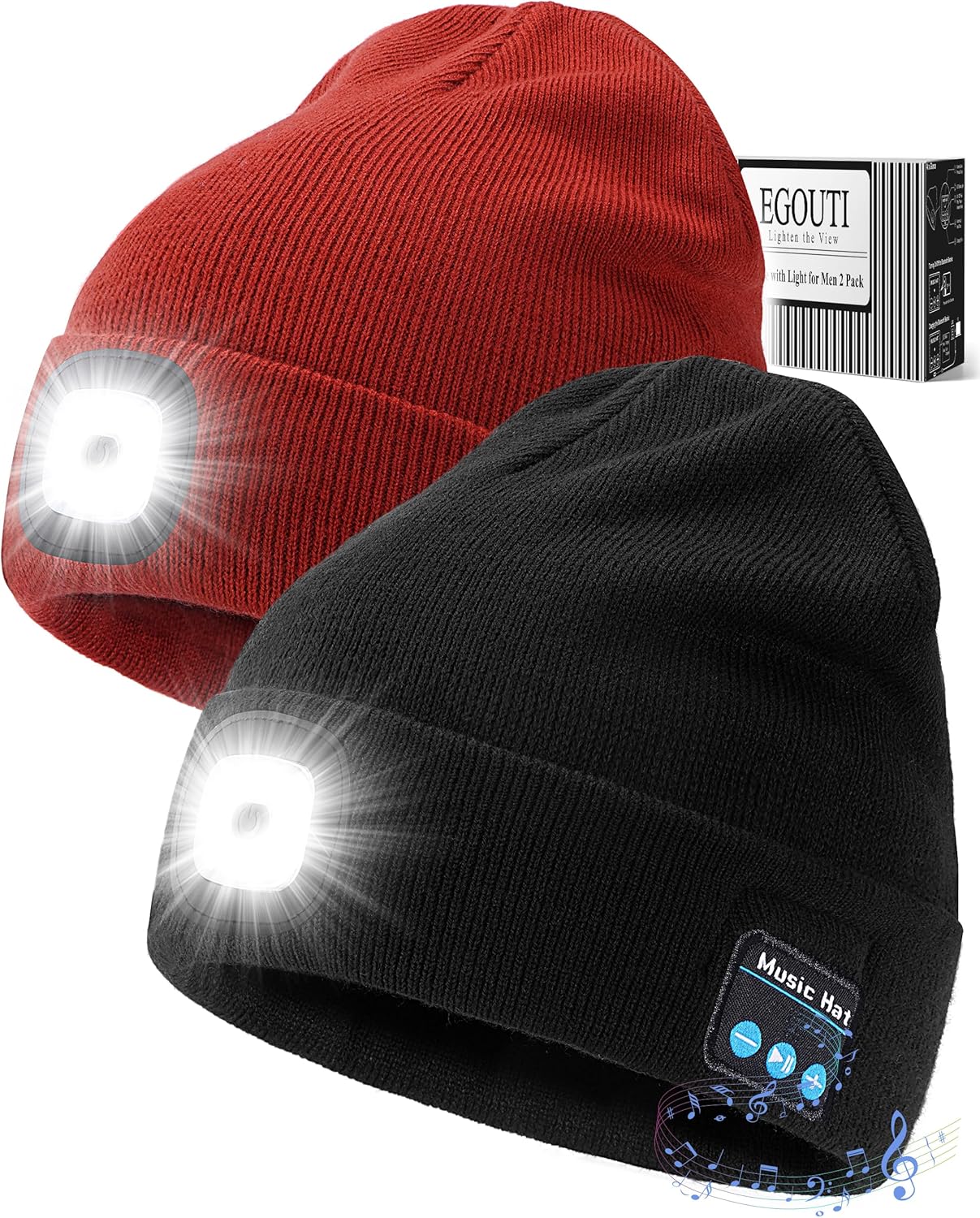 Bluetooth Beanie Hat with Light for Men 2 Pack, LED Beanie with Light Built in Unisex USB Rechargeable, Headlamp Cap with Wireless Headphones Built-in Speaker Mic Gifts for Men Dad Teen (Black+Orange)