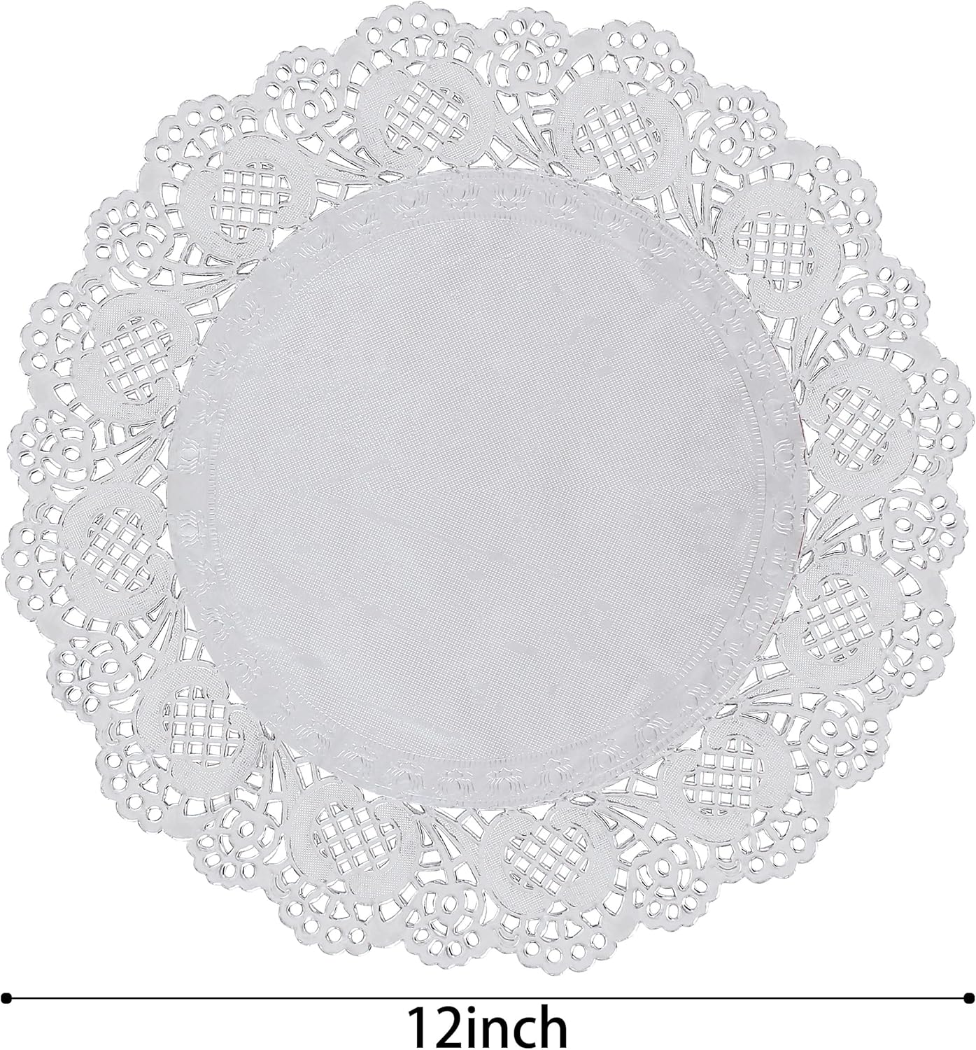 100 Pcs 12 Inch Round Lace Silver Paper Doilies Silver Foil Placemats Doily Paper Pad for Cakes Crafts Party Weddings Tableware Decor