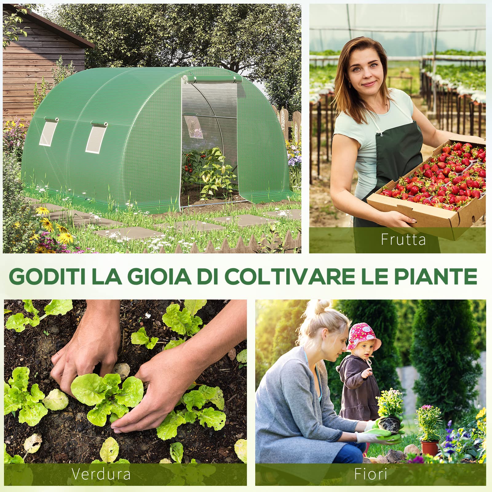 Outsunny Serra a Tunnel da Giardino e Orto 3x3x2m con Copertura in PE, Serra per Piante con Porta e Finestre Avvolgibili, Verde