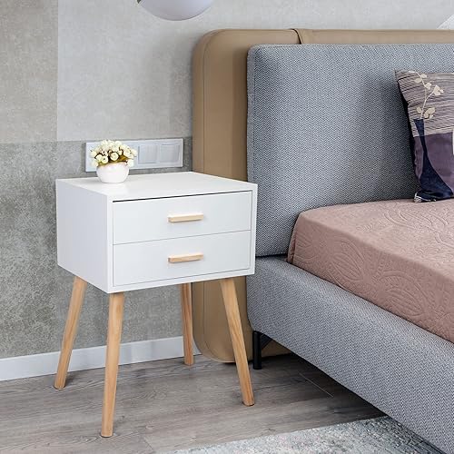 JAXPETY Mesita de noche moderna de mediados de siglo con 2 cajones para dormitorio, sala de estar, color blanco
