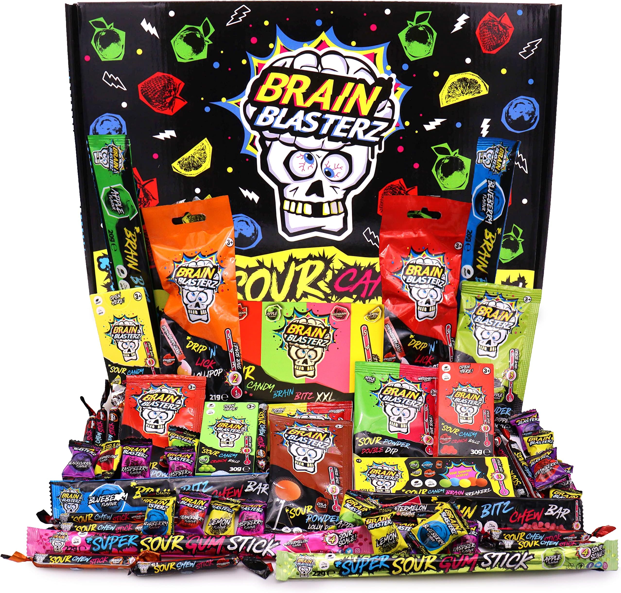 Brain Blasterz LARGE Sour sweets gift box, Super sour sweets challenge, Hard Candy, Sour Powder, Lollipop, Chew Bars, Strawberry, Apple, Watermelon, 46 Pieces, 663g