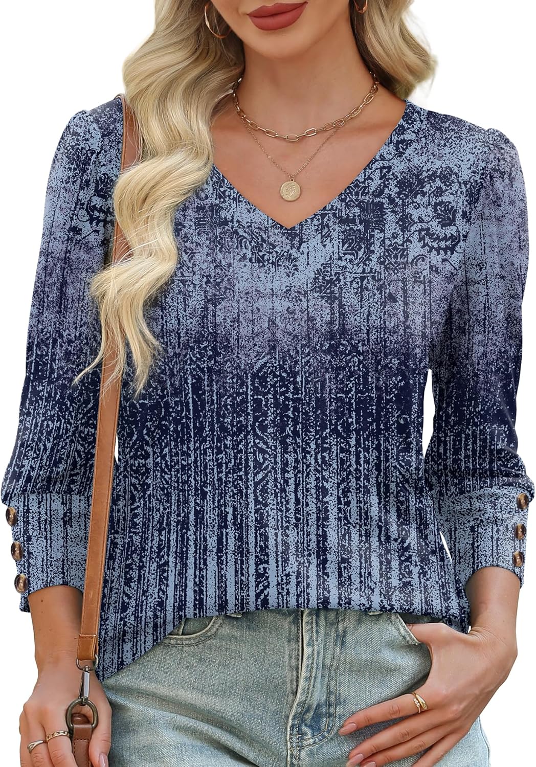 XIEERDUO Womens 3/4 Sleeve Tops with Buttons V-Neck Summer Outfits Casual Blouses Shirts Beach Vacation Fall Clothes 2025 - Image 4