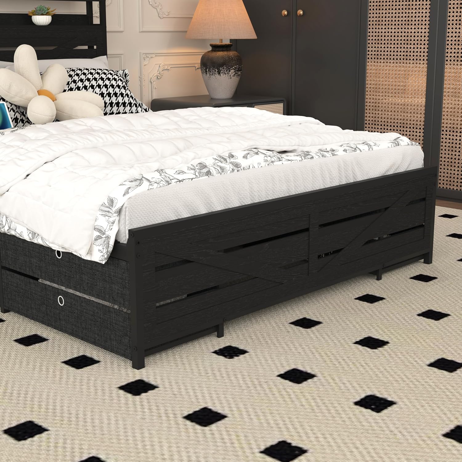 Bellemave Full Bedframe with Headboard and LED and Charging Station, Bed Frame with Headboard and 12 Storage Drawers, No Box Spring Needed, Black