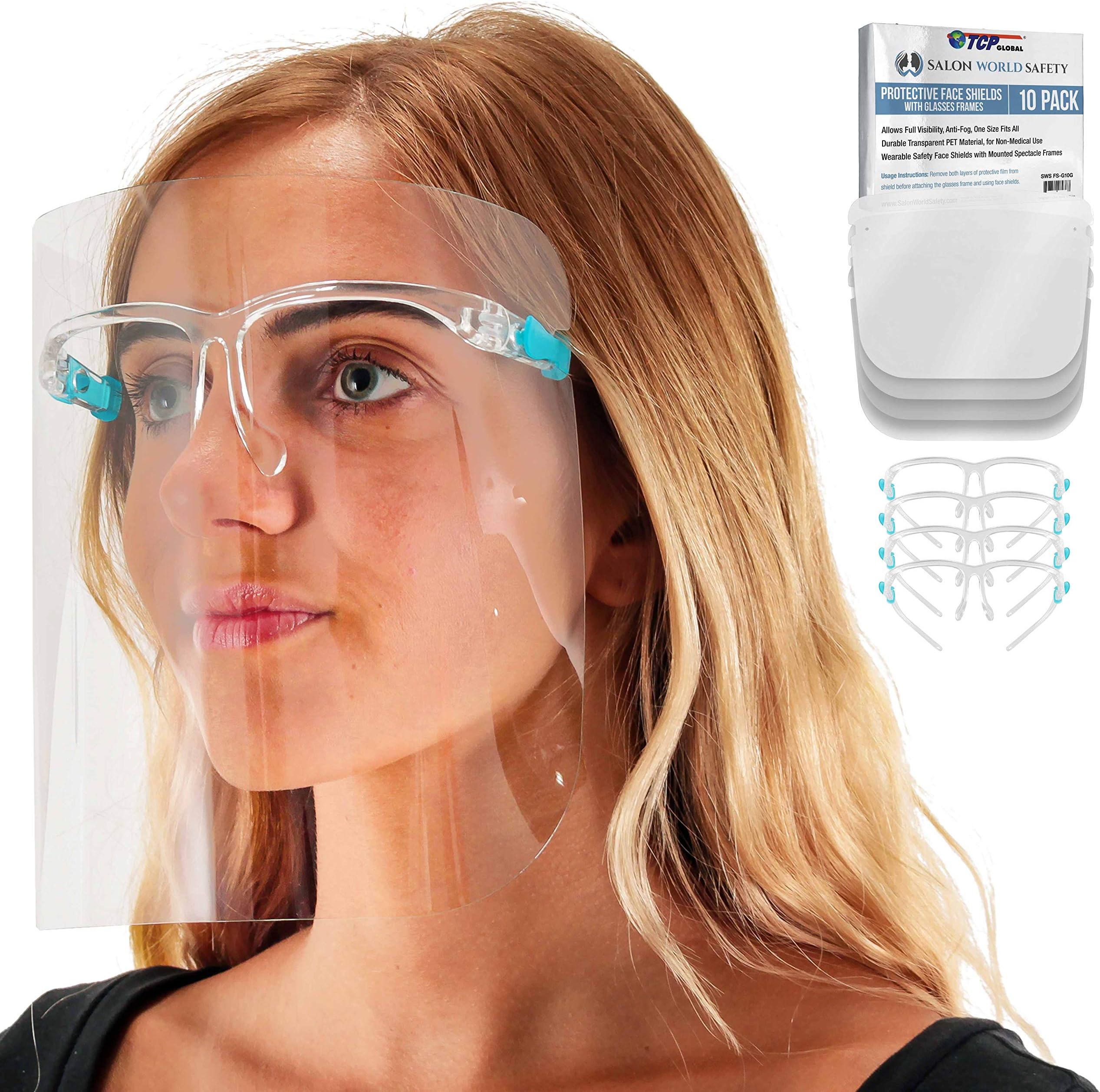 TCP Global Salon World Safety Face Shields with Glasses Frames (Pack of 10) - Ultra Clear Protective Full Face Shields