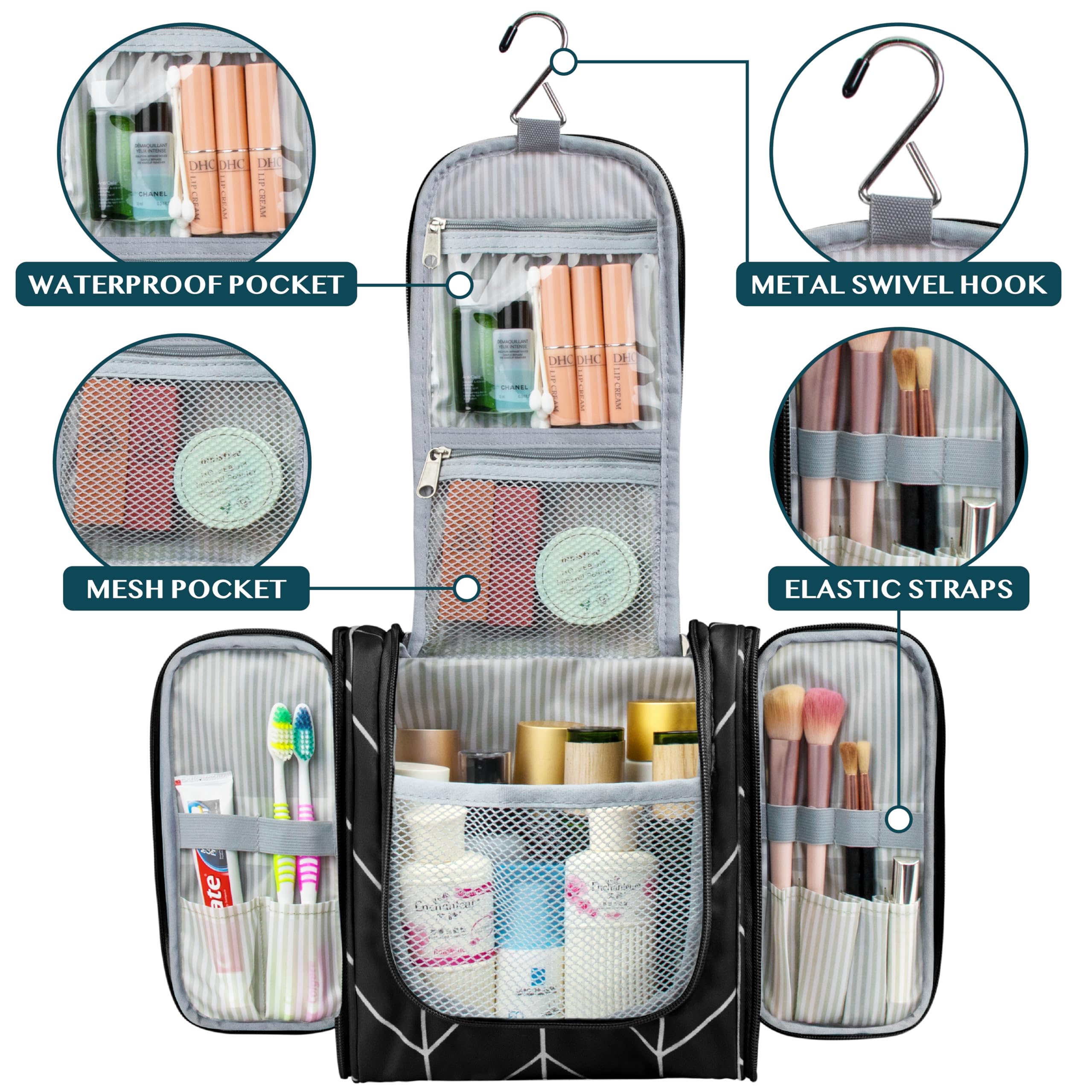 PAVILIA Hanging Toiletry Bag for Women Men, Travel Toiletry Bag Organizer for Toiletries, Cosmetics, Makeup Bag with Mesh, Water Resistant Pockets (Black Chevron)