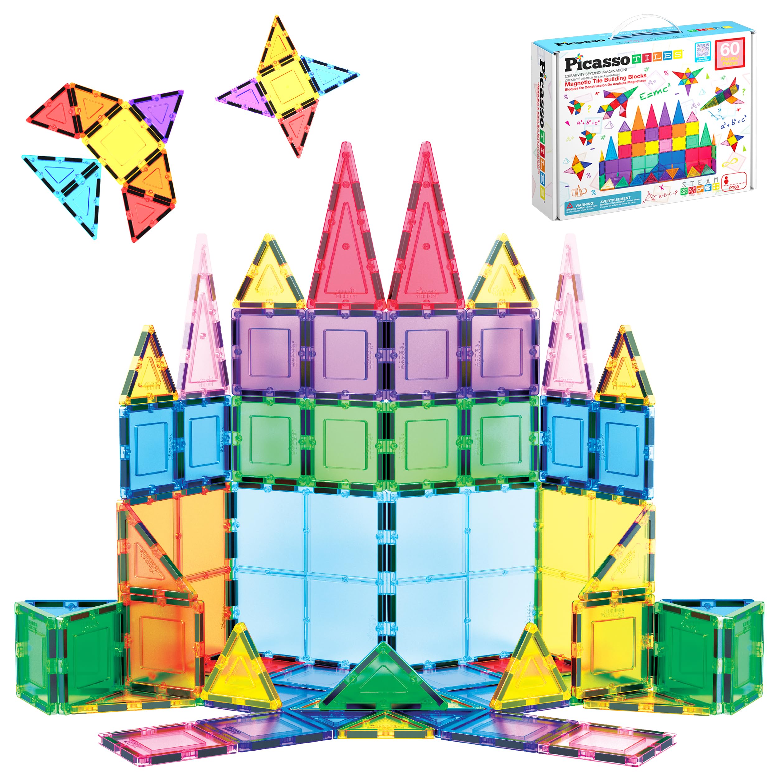 PicassoTiles 60 Piece Set 60pcs Magnet Building Tiles Clear Magnetic 3D Blocks Construction Playboards - Creativity Beyond Imagination, Inspirational, Recreational, Educational, Conventional