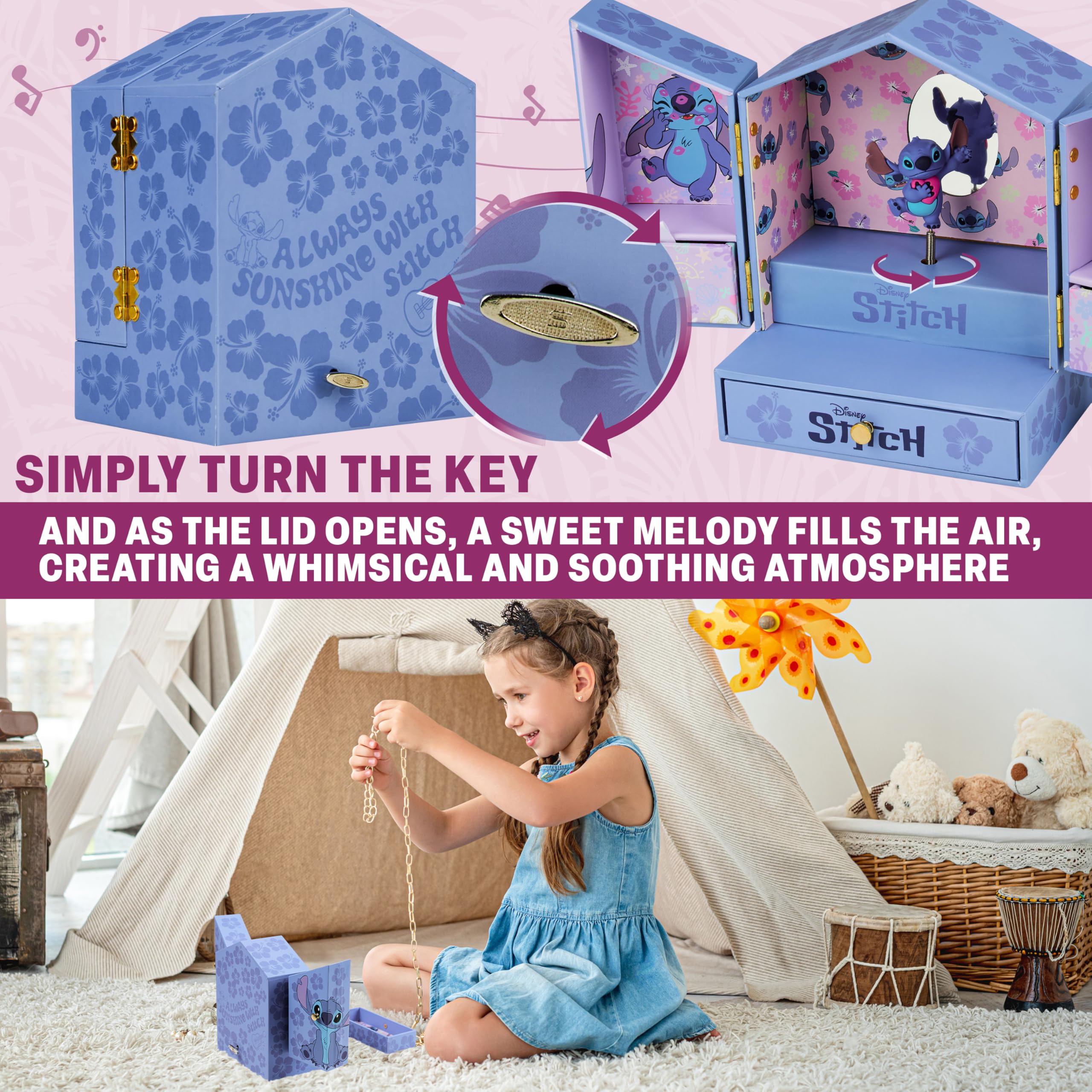 Get Trend Disney Stitch Musical Jewellery Box Girls Gift Ideas Tweens Bedroom Decor Wind Up Music Box with Mirror and Storage Drawers Gifts for Her (Blue Stitch) - Image 3