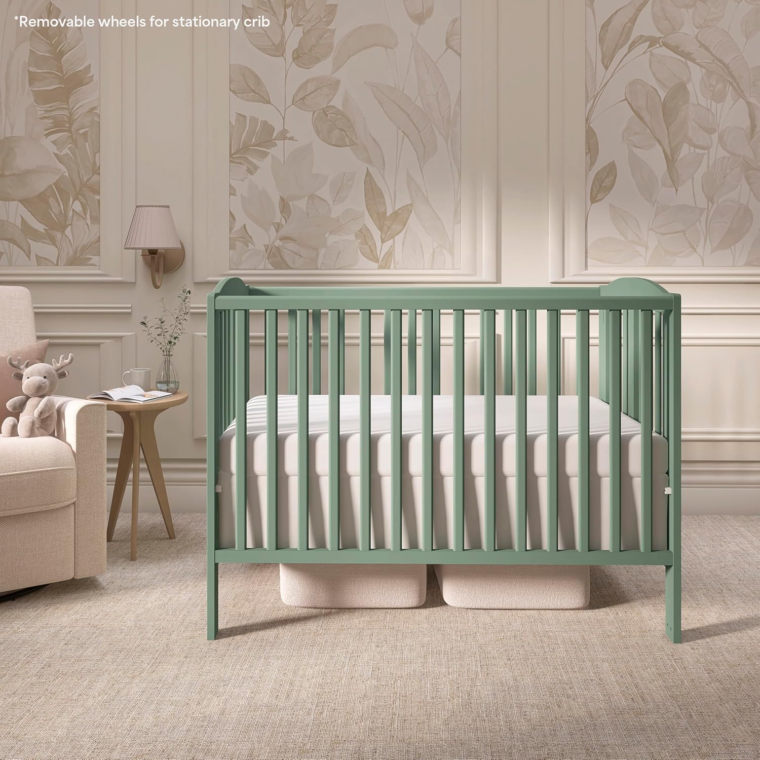 Dream On Me Folding Full Size Convenience Baby Crib with Durable Metal Wheels, Portable Space-Saving Design, 2 Adjustable Heights, Easy Fold Flat Storage, GREENGUARD Gold & BSA Certified, Meadow Green