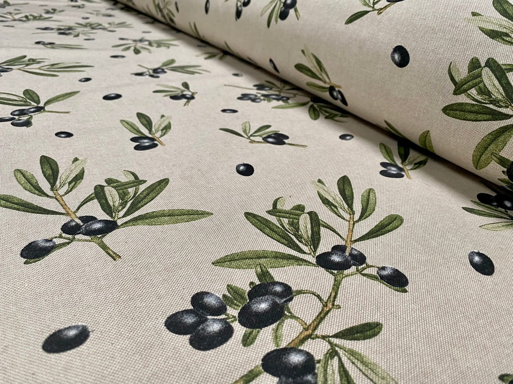 Black Olives Branch Fabric Olive Print Green Leaf Tree Linen Look Upholstery Kitchen Curtain Cotton Material - 140cm Wide (PER Meter)