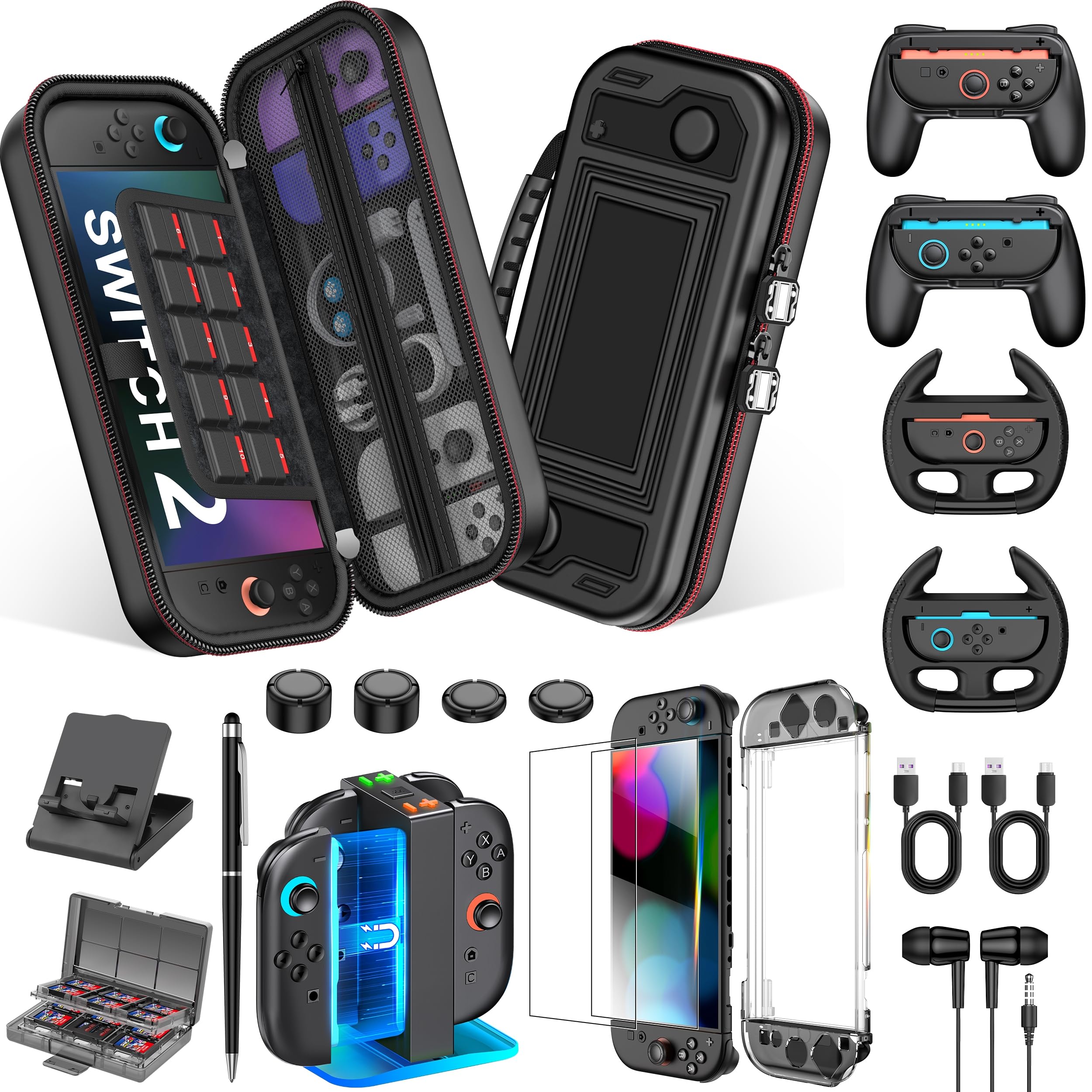 NinABXY Switch 2 Accessori, Bundle 18-IN-1 per Nintendo Switch 2 2025: custodia per il trasporto, custodia per PC trasparente divisa magnetica, doppio dock di ricarica, porta carte di gioco, volanti