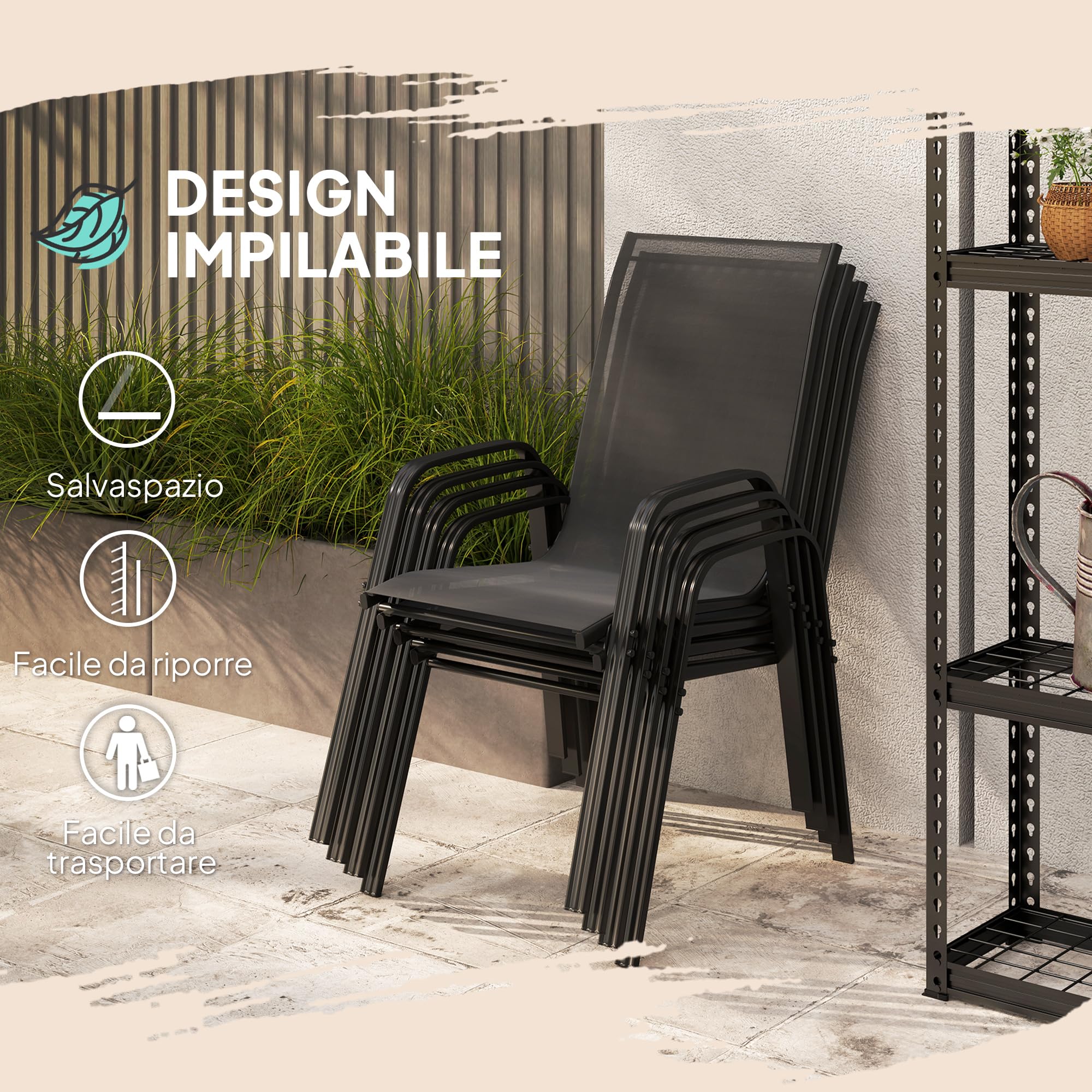 Outsunny Set 4 Sedie da Giardino Impilabili con Braccioli in Metallo e Texteline Impermeabile, 54x75.5x95cm, Nero