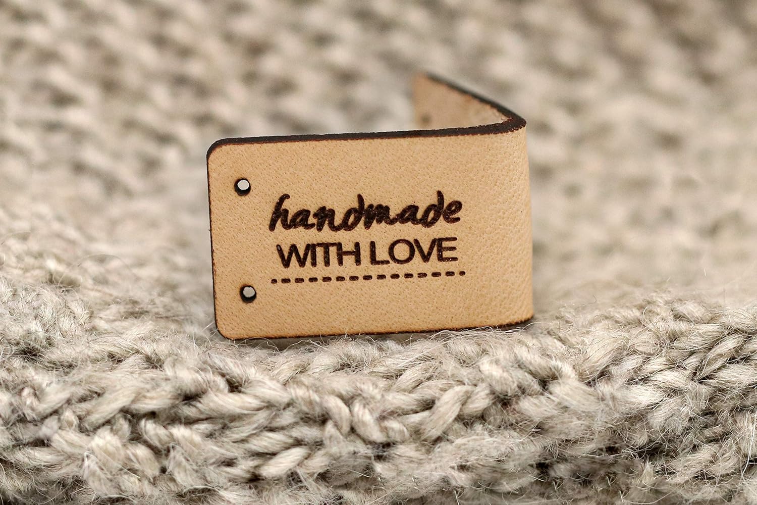 Customized Leather Tag - Handmade with Love - Mod. E - Handmade Tags for Crochet Sewing Labels (Customized Text - 30 Pieces)