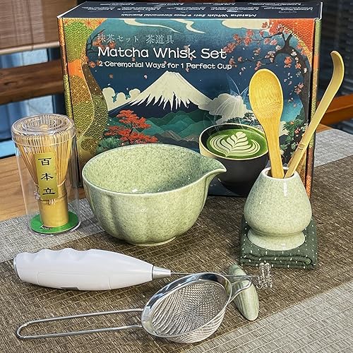 Miniatura 6 de Juego de batidores de matcha, incluye cuenco de cerámica con boquilla, batidor (Chasen), soporte, cuchara de bambú, tamiz, espumador eléctrico
