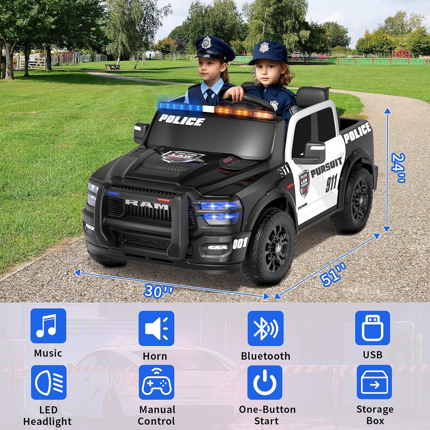 24V Police Car Ride On Toys for Big Kids Ages 4-8, 2 Seater Ride on Police Car, Licensed Ram 2500 Kids Electric Vehicle with Remote Control,Alarm Lights and Siren,Bed Storage
