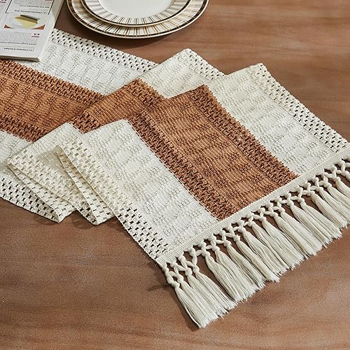 ZeeMart Macrame Style Bicolor Stitching Table Runner, 14 x 108 Inch Caramel/Ivory, Boho Caramel Table Runners 108 Inches Long, Farmhouse Woven Home Decor