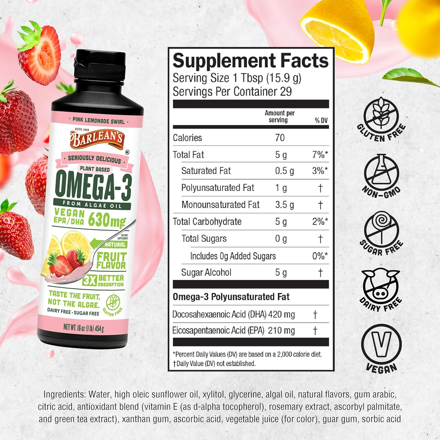 Barlean's Pink Lemonade Vegan Omega 3 Supplement, Liquid Algae Oil with 630 mg EPA & DHA, Plant Based Omegas from Algal Oil, Non-GMO & Gluten Free, 16 oz - Image 6