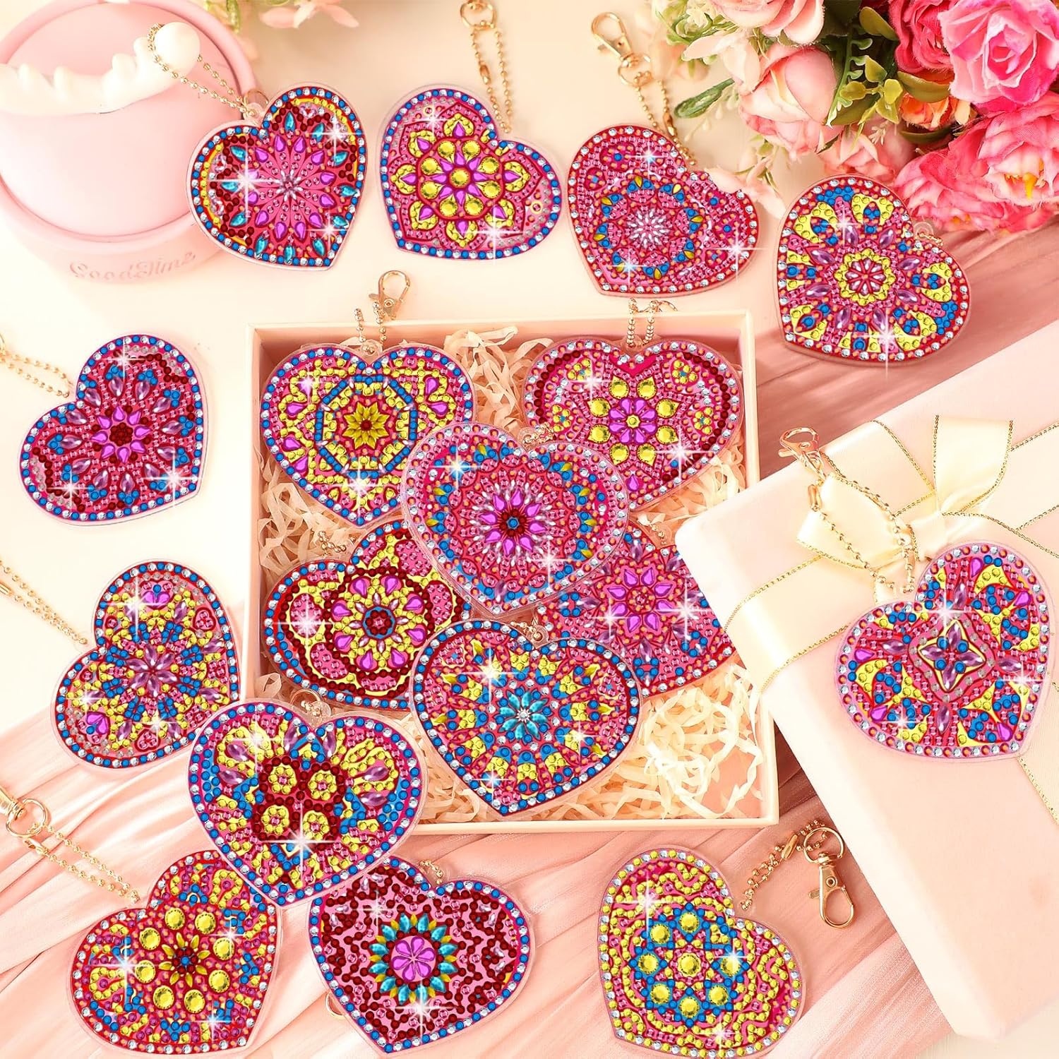 Ferreve 28 Pcs Valentine's Day Diamond Painting Keychain Kits Double Sided DIY Heart Diamond Art Keychain Ornaments for Adults Romantic Gem Key Ring Art Pendant Decor Crafts Accessories Gifts