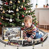 Vista 6 de Funwee Juguete de tren eléctrico con humo, luces y sonido, juego de tren para debajo del árbol de Navidad, modelo de tren de locomotora con pista