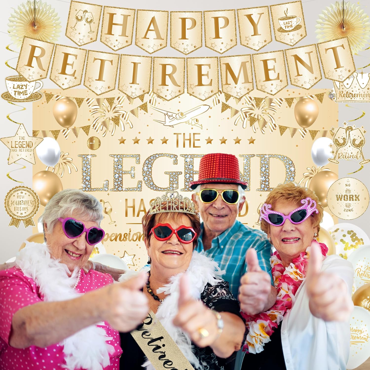 Roetyce Retirement Party Decorations Women, Champagne Gold Happy Retirement Banner Backdrop Balloons Hanging Swirls for Coworker, Gold Lengend Has Retired Sash & Crown, Office Retired Background