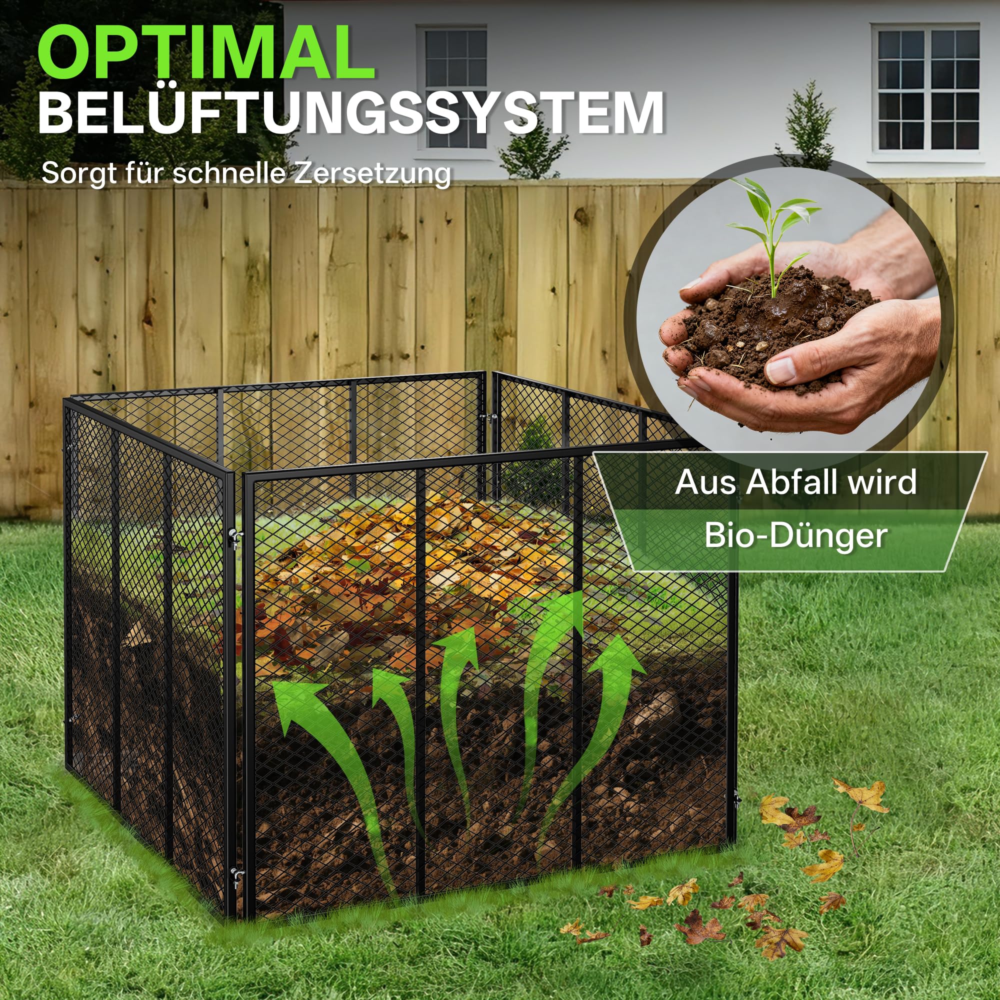 Metall Komposter 650L – Wetterfest & Rosthemmend, mit Stecksystem und Belüftung für Schnelles Kompostieren, Ideal für Biomüll, Rasenschnitt und Laub, 94x94x76 cm