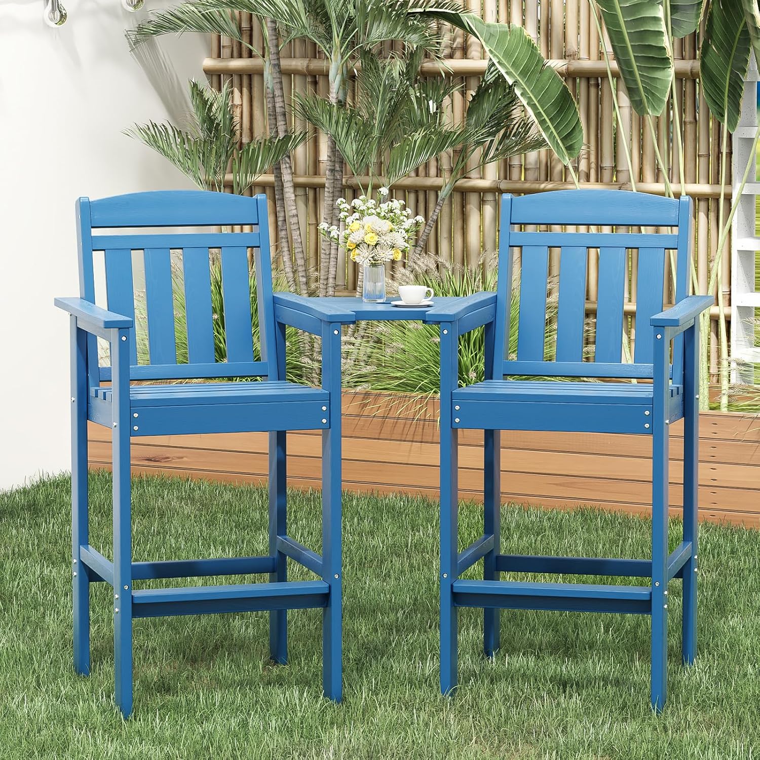 Soohow Tall Adirondack Chairs Set of 2, HDPE Adirondack Bar Stools with Connecting Tray, Bar Height Adirondack Chair Patio Barstool, Ideal All Weather Tall Patio Chair for Balcony, Poolside, Backyard