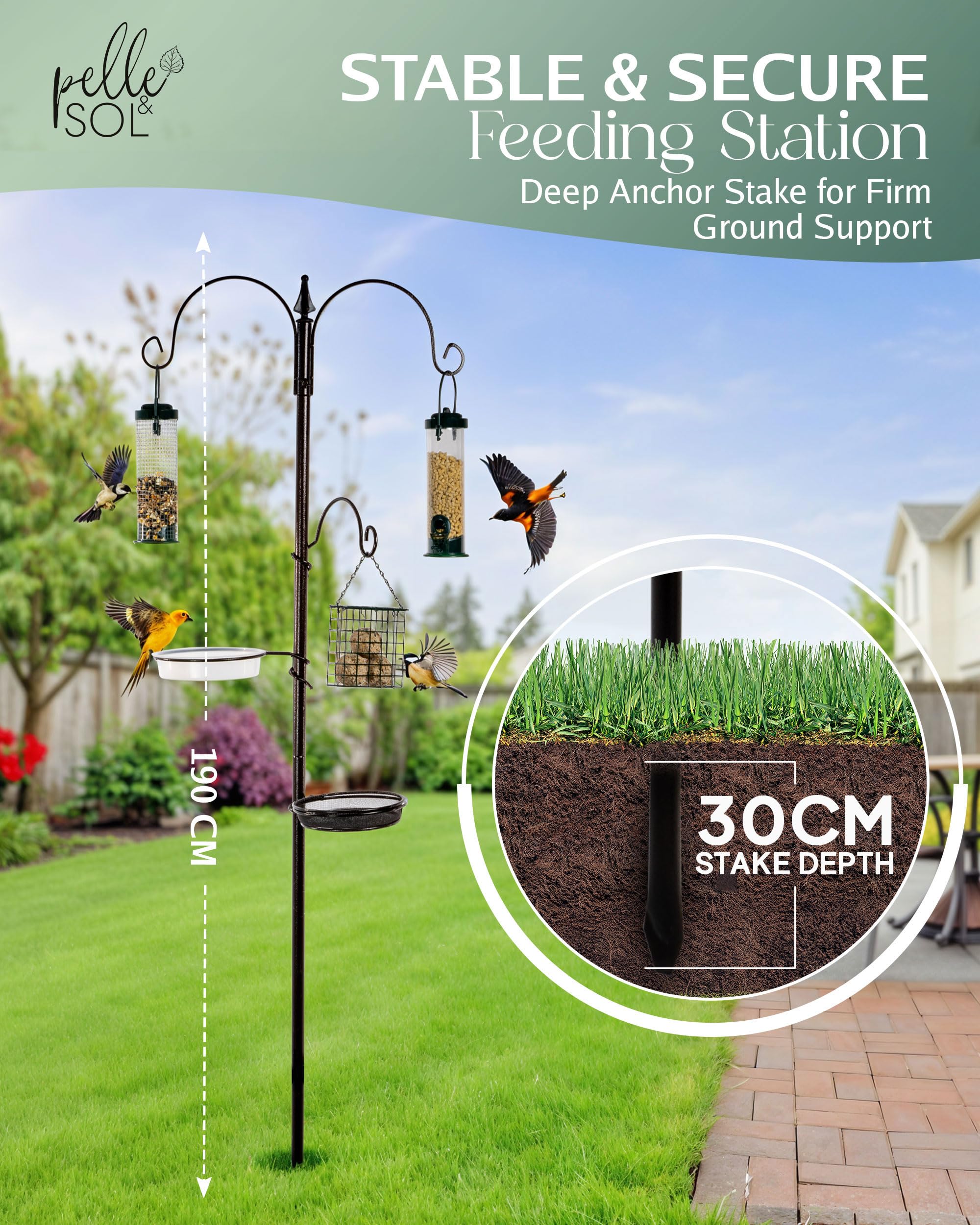 Pelle & Sol Bird Feeder with 3 Feeders & 2 Dishes | Bird Feeders Hanging Station, Bird Feeding Stations for the Garden, Bird Feeders for Small Birds — view 4