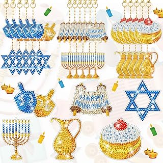 DEEKIN 30 Pcs Hanukkah Diamond Painting Keychains Hanukkah Crafts Ornaments Keychains Double Sided 5D Star Menorah Diamond Key Rings for Hanukkah DIY Birthday Party Supplies Favors