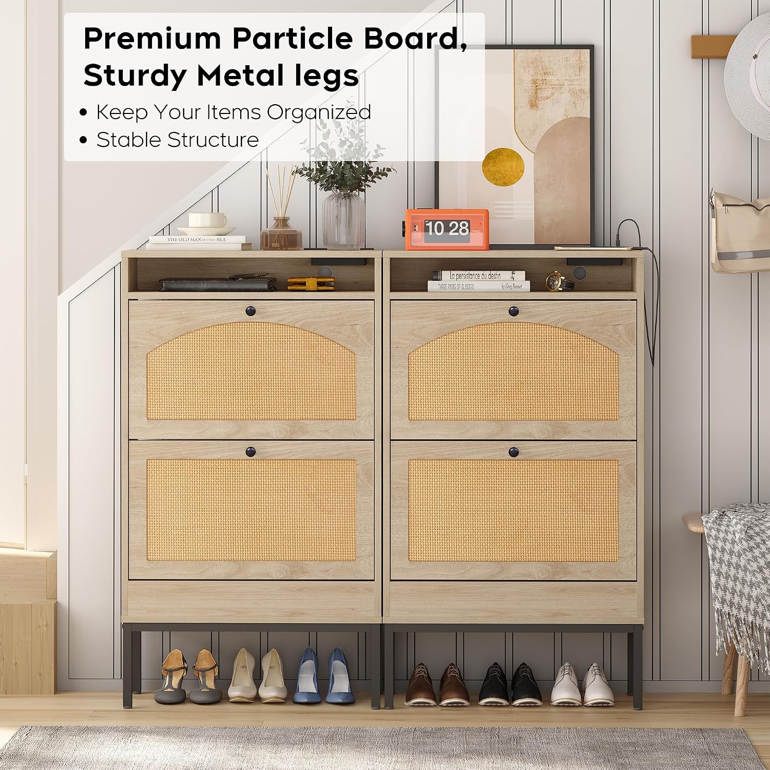GIA Modern Minimalist Storage Cabinet with Rattan Design, Natural, 2-Door