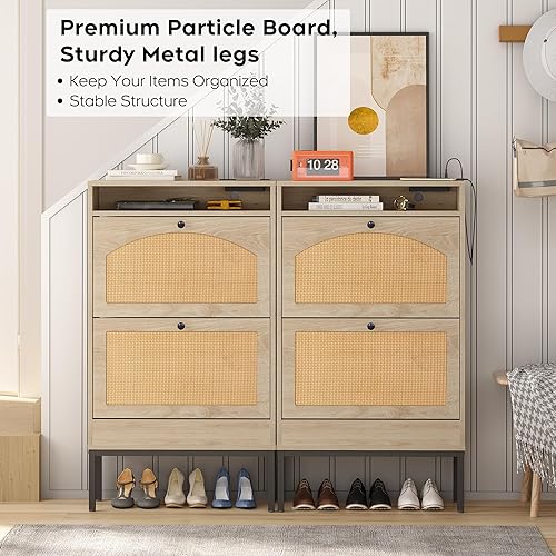 Miniatura 3 de Wanttii Armario de almacenamiento de zapatos, organizador independiente con puertas de ratán, armario estrecho para zapatos, gabinete oculto delgado