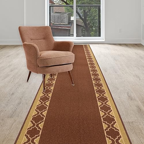 Alfombras de pasillo lavables con borde enrejado, tamaño personalizado, longitud x 26 pulgadas de ancho, 5 pies (marrón)