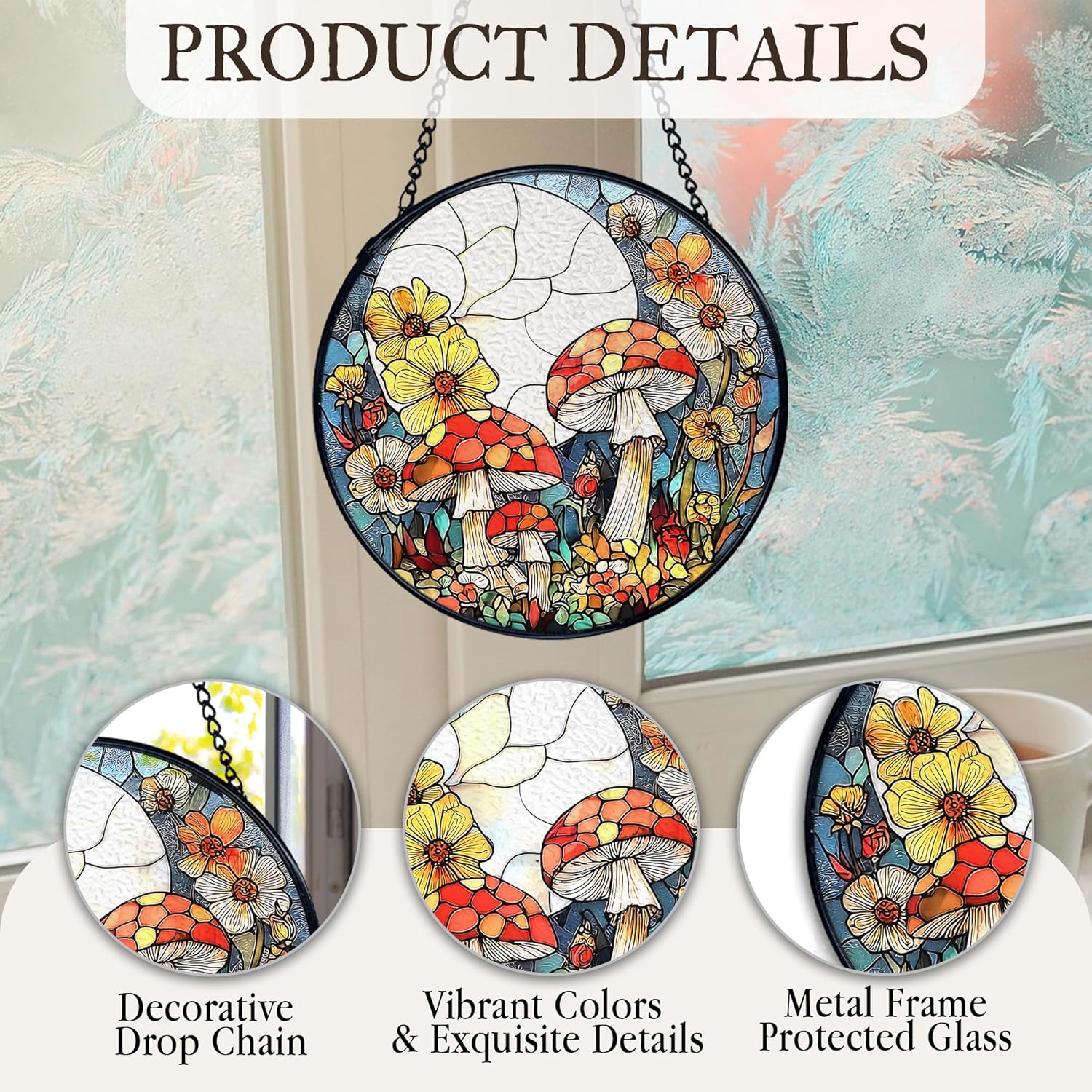 kdqua Mushroom Flower Suncatcher Stained Glass Window Hanging, Full Moon Mushroom Sun Catchers Indoor Window Glass Round Wall Decor, Cottagecore Wall Art Hanging Decorations Statues, 7.9x7.9in - Image 7