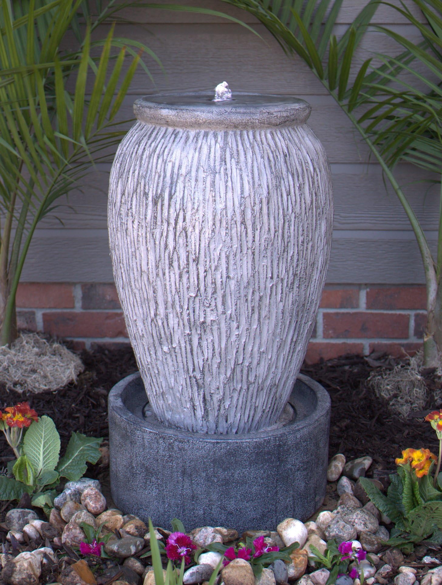 Exclusive Standing Electric Outdoor LED Lighted Stone Finish Urn Fountain
