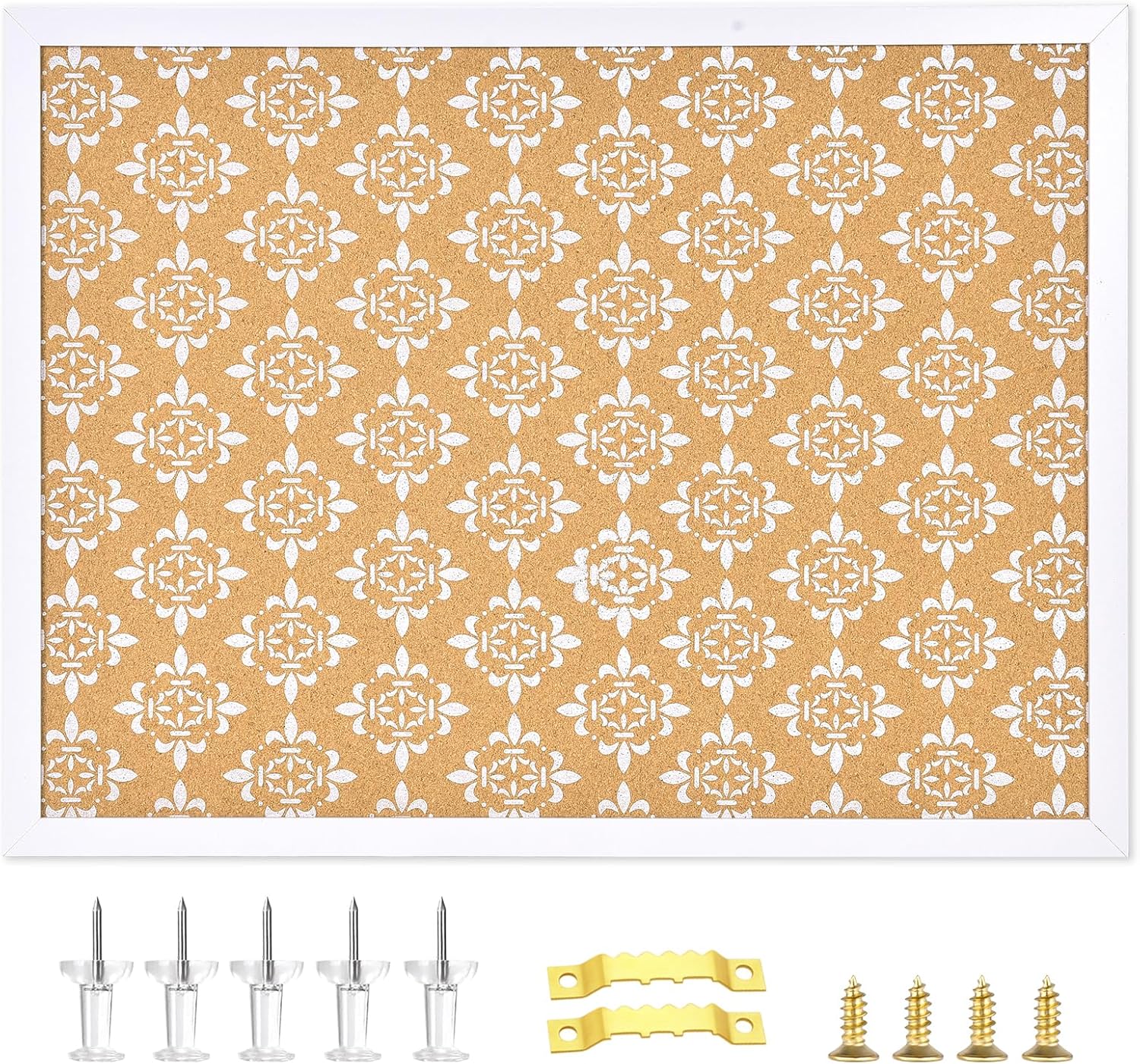 Decorative Cork Board for Walls, Bulletin Board with White Floral Print, White Framed Pin Board Vision Board for Office School Bedroom and Dorm Room with Pins, Screws(WH,4560,1pc)