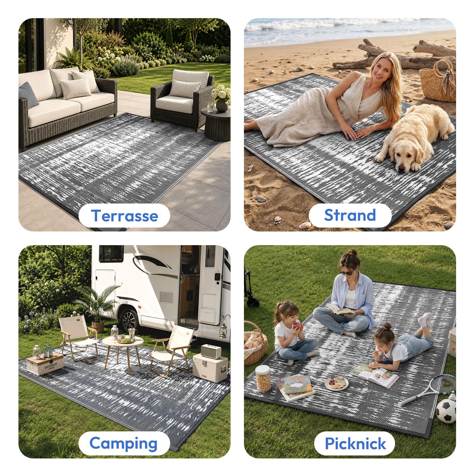 Treeboy Outdoor Teppich Wetterfest 180x270cm Reversible Matte aus Kunststoff Stroh UV-beständig Campingmatte Recycling für Patio Balkon Strand BBQ Picknick Deck,Grau & Weiß