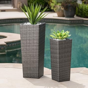 roomfitters Wicker Outdoor Flower Pots, Set of 2, Tall Planters Woven Resin Square Design for Garden and Patio Decor, Grey