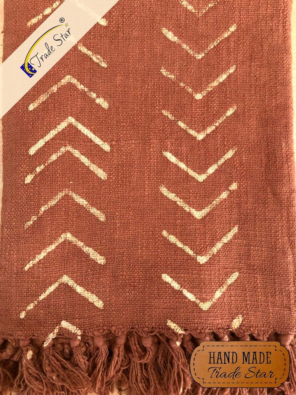 Trade Star Mudcloth with Tassels Handloomed Throw Cotton Soft Blanket Handblock Printed Throw Blanket Ethnic Rust Couch Blanket for Room Decor (Rust, Phoenix (120 x 170 Cms))