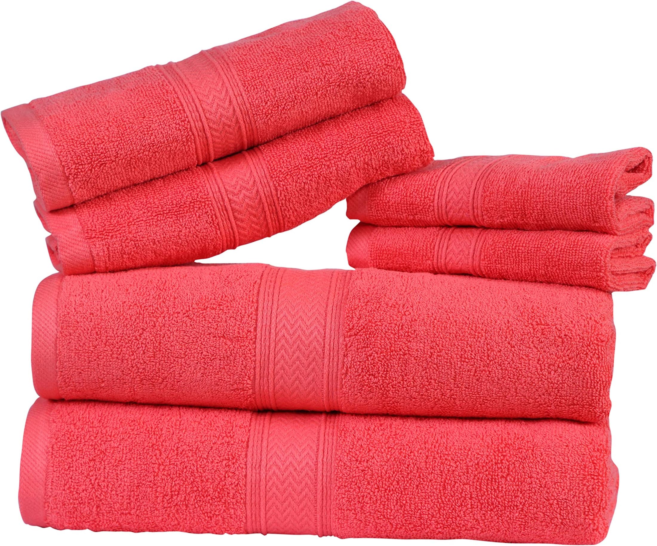 HILLFAIR Premium 600 GSM 6 Piece Towel Set- 2 Bath Towels, 2 Hand Towels & 2 Washcloth - Coral Cotton Bath Towel -Machine Washable, Hotel Quality Towels,Super Soft & Highly Absorbent Cotton Towels