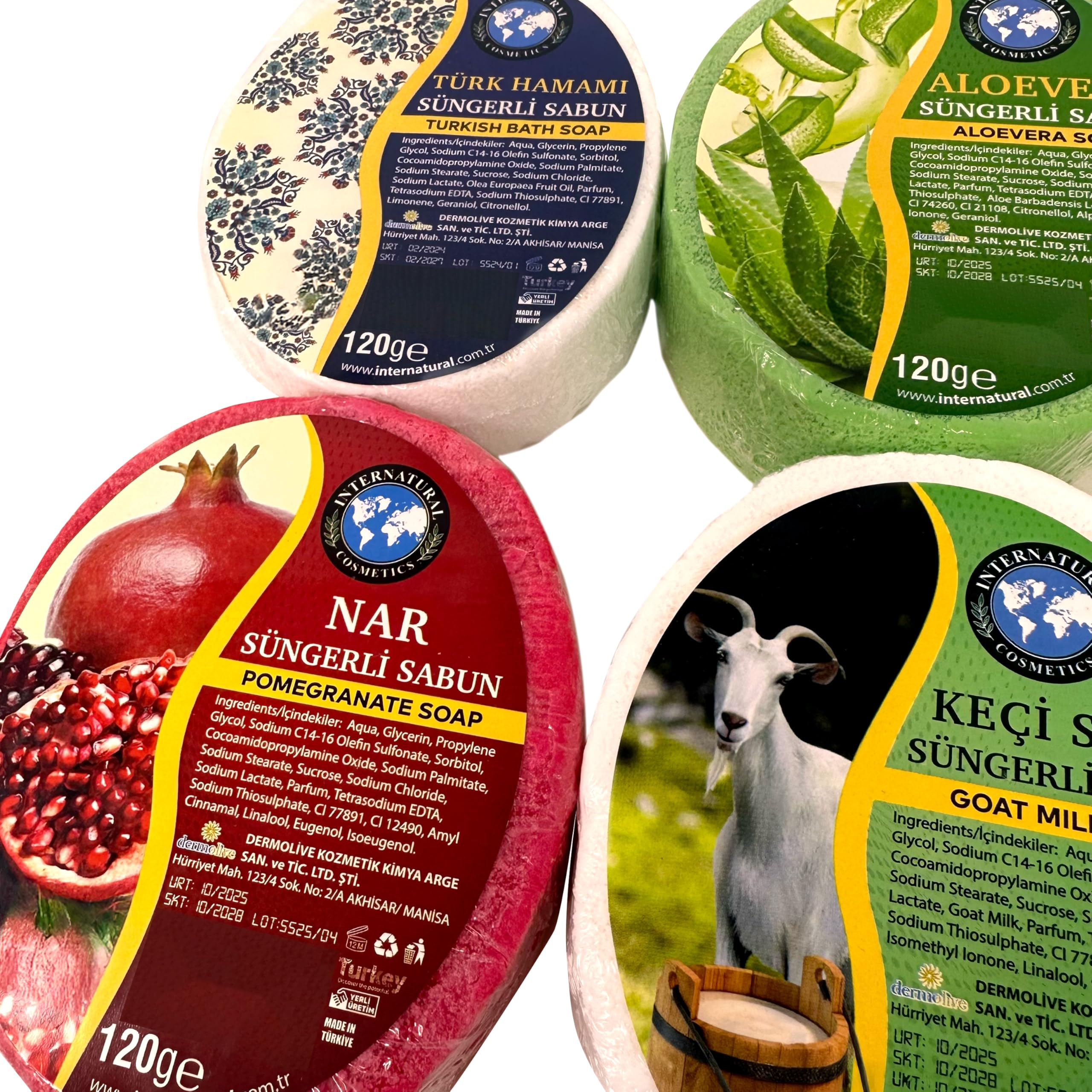 Handgemachtes Peeling-Schwammseifen-Set - Ein natürliches und erfrischendes Reinigungserlebnis Aloe Vera, Türkisches Bad, Ziegenmilch, Granatapfel (4er-Set)