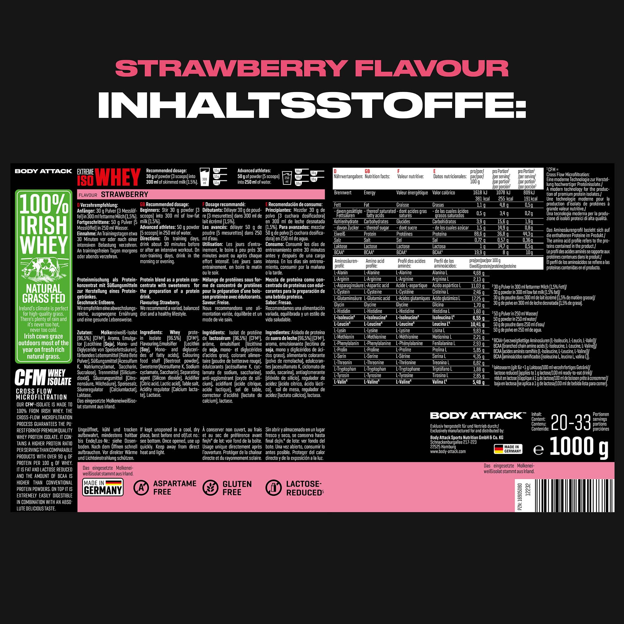 Body Attack Whey Protein w proszku Strawberry, 1 kg białka w proszku, łatwo rozpuszczalny i szybko przyswajalny izolat serwatkowy – ze 100% irlandzkiego mleka wierzbowego