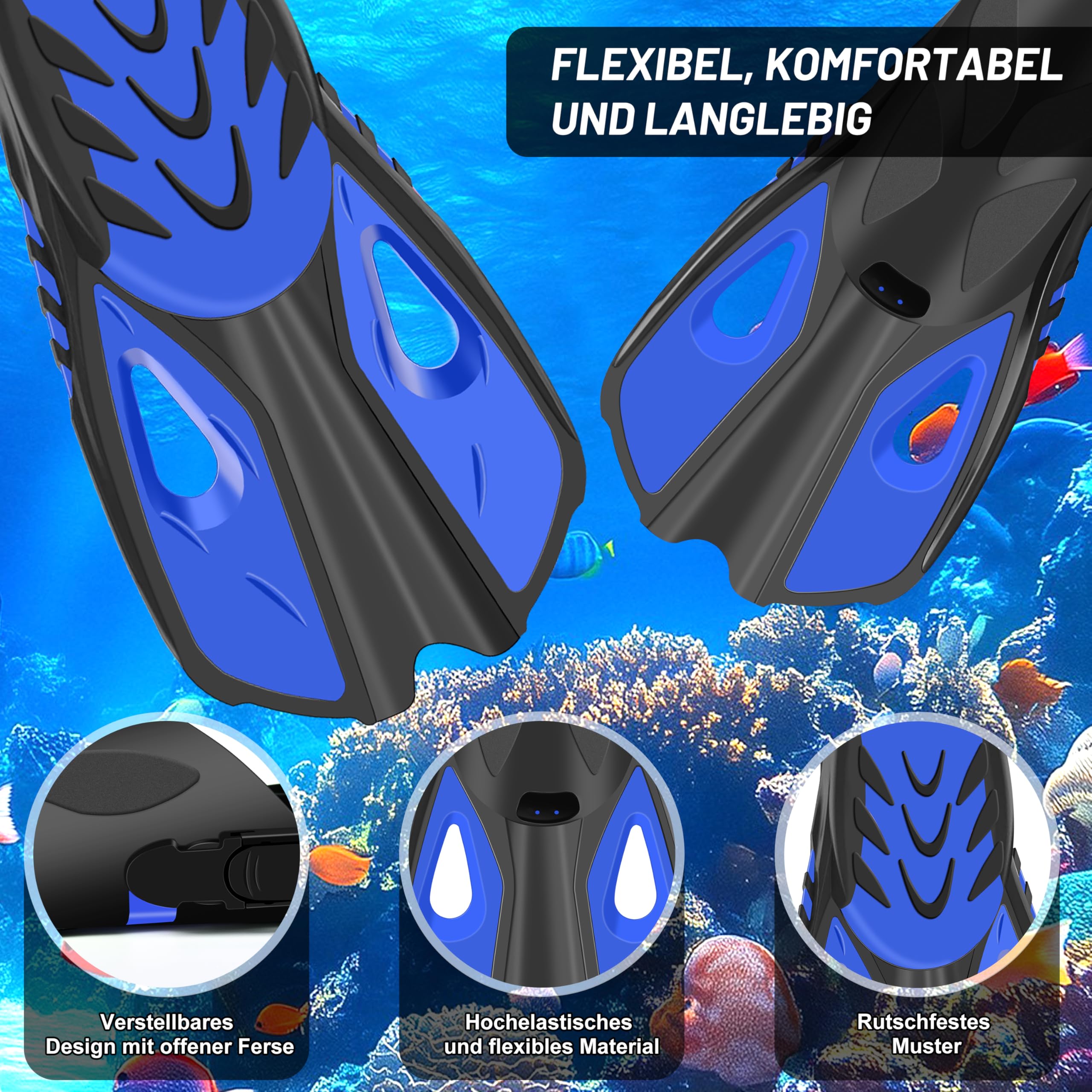 IEEILULU zestaw do snorkelingu dla dorosłych, 7-częściowy sprzęt do snorkelingu z goglami do nurkowania, płetwami, suchą fajką do nurkowania (Blue, S/M)