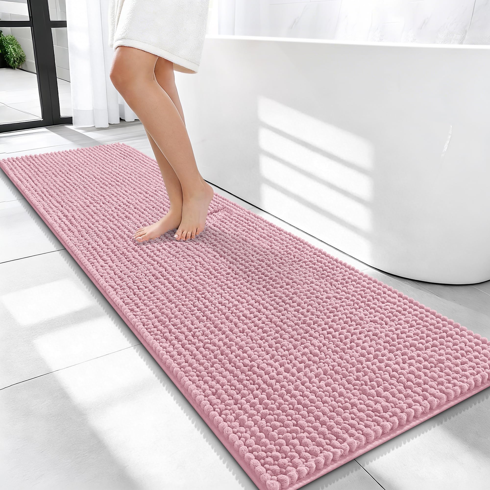 OLANLY Thick Chenille Bathroom Runner Rugs Mats 59x20, Dusty Rose
