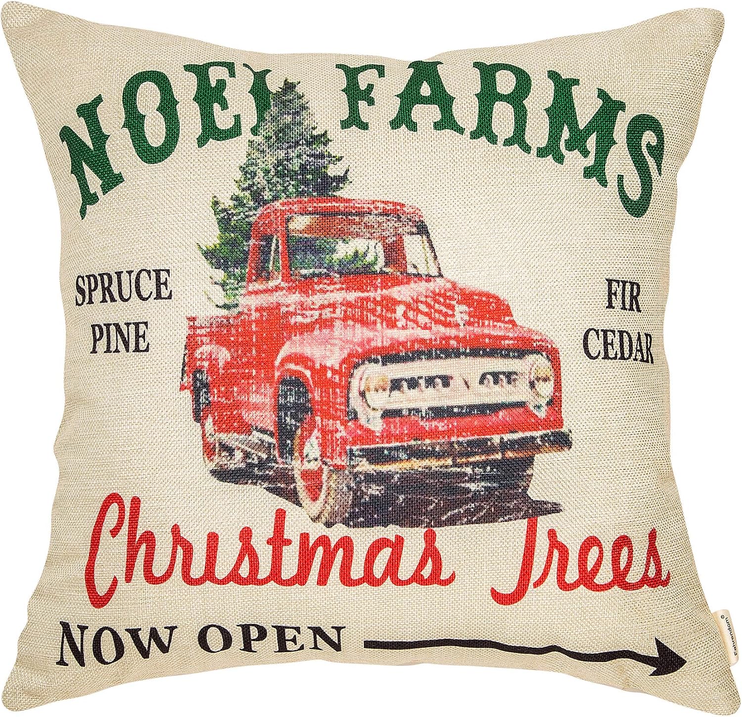 Fahrendom Rustic Farmhouse Style Noel Farms Merry Christmas Trees Red Vintage Truck Winter Holiday Sign Cotton Linen Home Decorative Throw Pillow Case Cushion Cover with Words for Sofa Couch 18x18 in