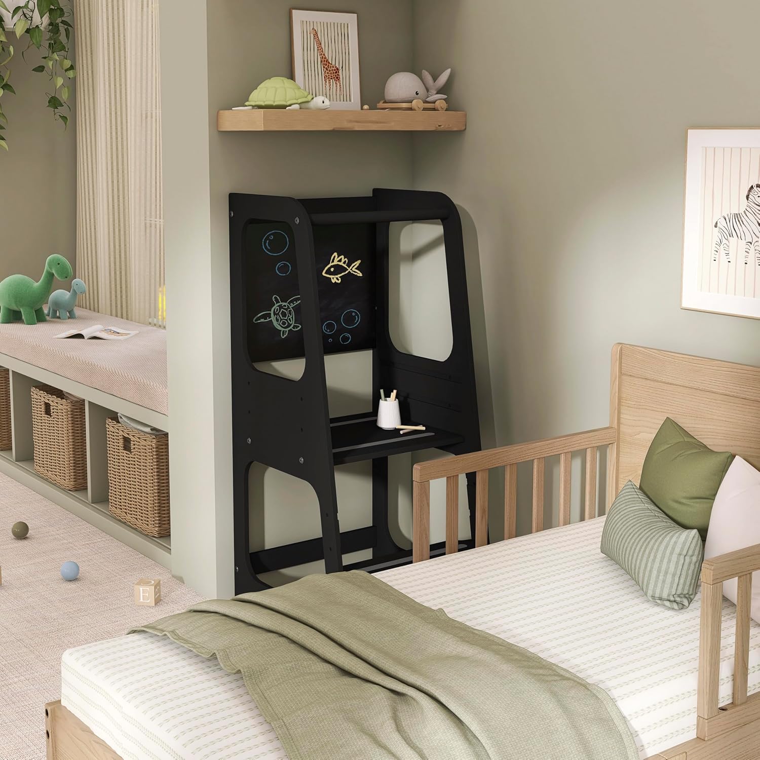 Dream On Me Explora Tower & Step Stool in Black – Solid Pinewood Kids Tower with 3 Adjustable Heights, Anti-Slip Base, Chalkboard for Creative Play