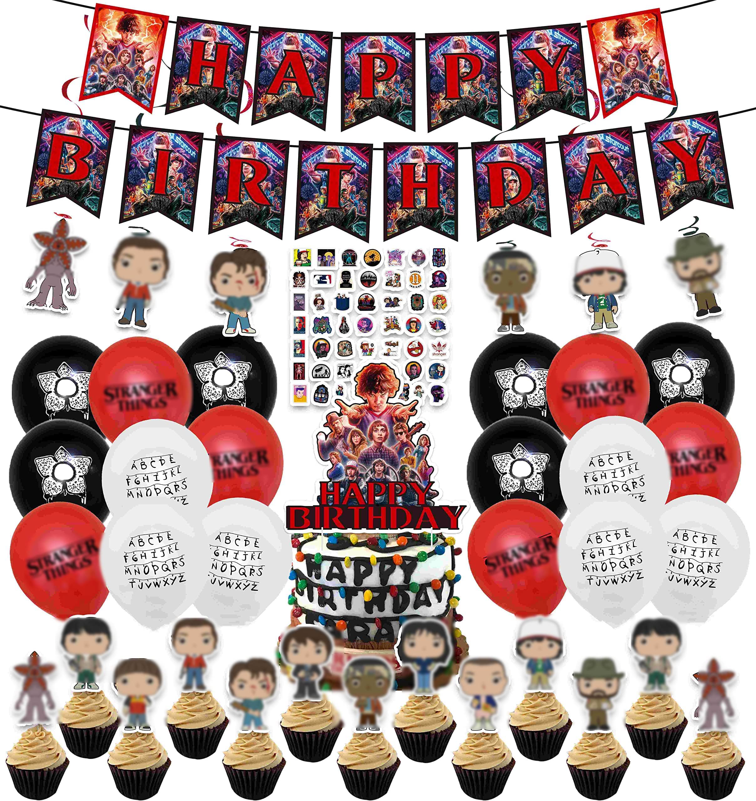Photo 1 of 106 Pcs Stranger Party Supplies, Include Birthday Decorations Stickers , Happy Birthday Banner, Cake Topper, Cupcake Topper, Balloons, Hanging Swirls DIY Decal for Teens