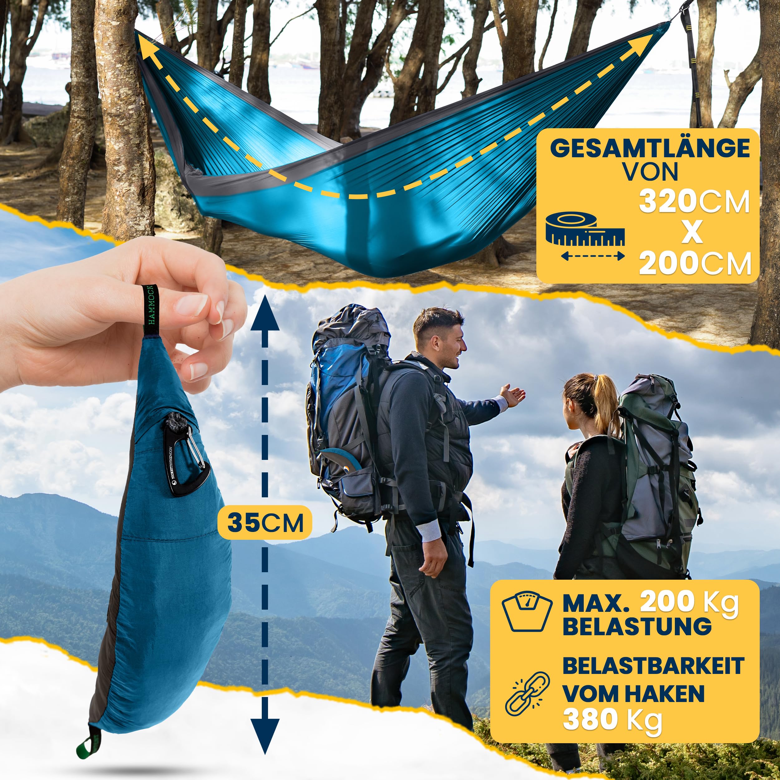 Ticket to the Moon Original per 1-2 Persone, commercio equo & fatta a mano, leggera ACQUA/GRIGIO SCURO per viaggiare, il campeggio e l'uso quotidiano, XL 3.2 * 2m, 600g, nylon paracadute in seta