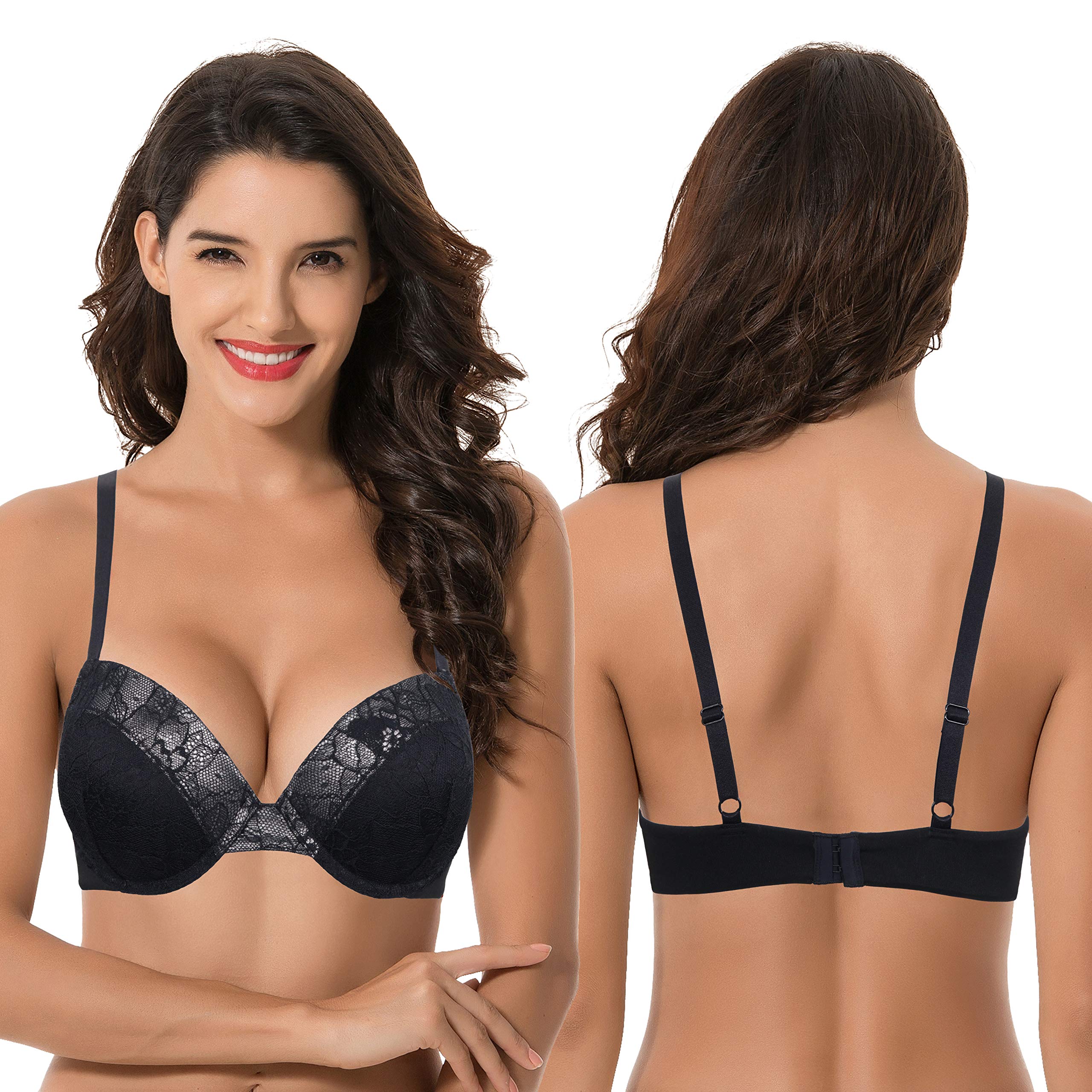 Curve Muse Reggiseni in pizzo push-up con ferretto da donna Plus Size Aggiungi 1 e mezza coppa, Nero, rosso (confezione da 2), 5D