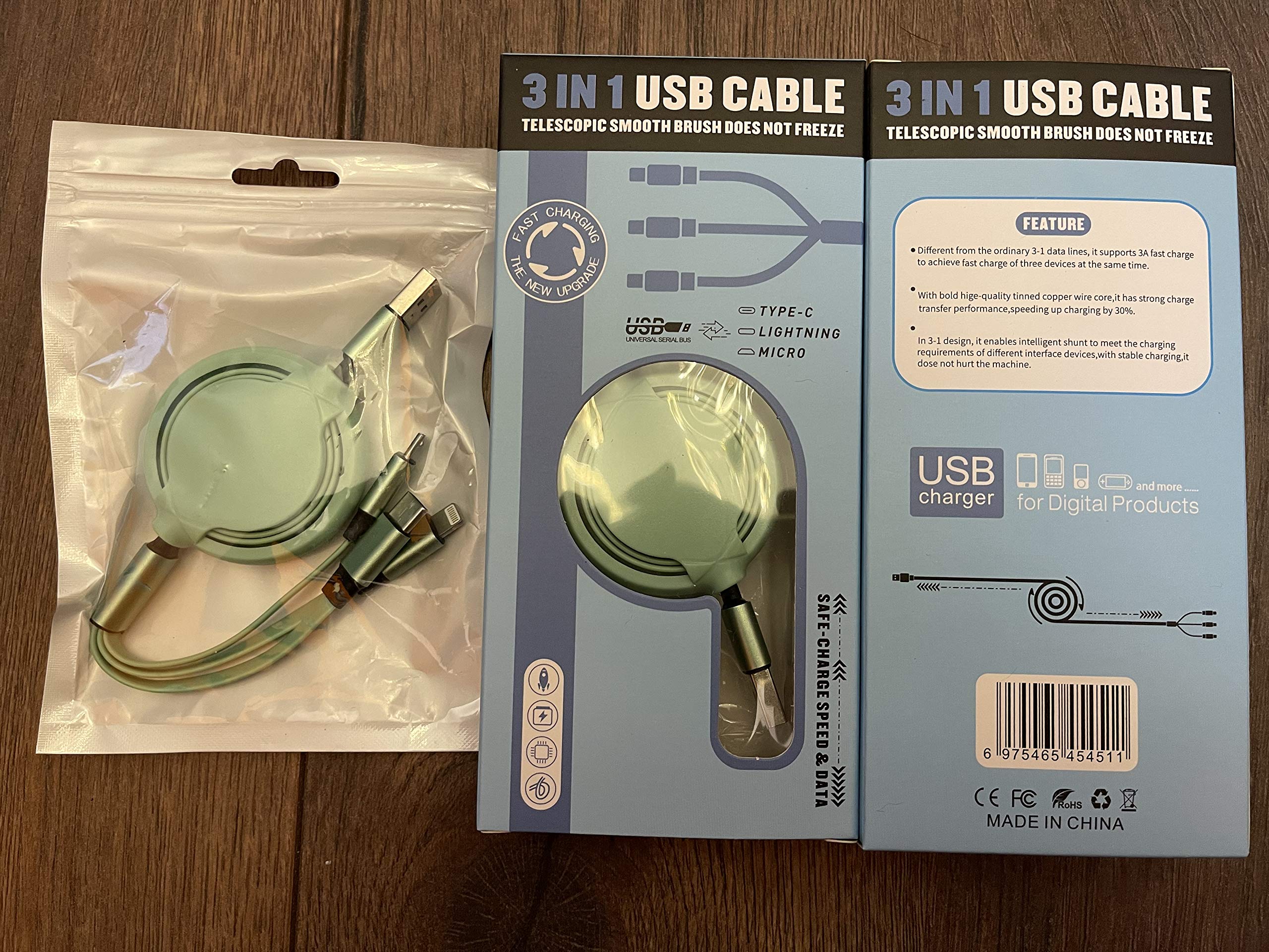 Cavo USB Retrattile 3 In 1 Tipo C, Micro USB E Lightning - Ricarica Veloce 3.0A (Blu)