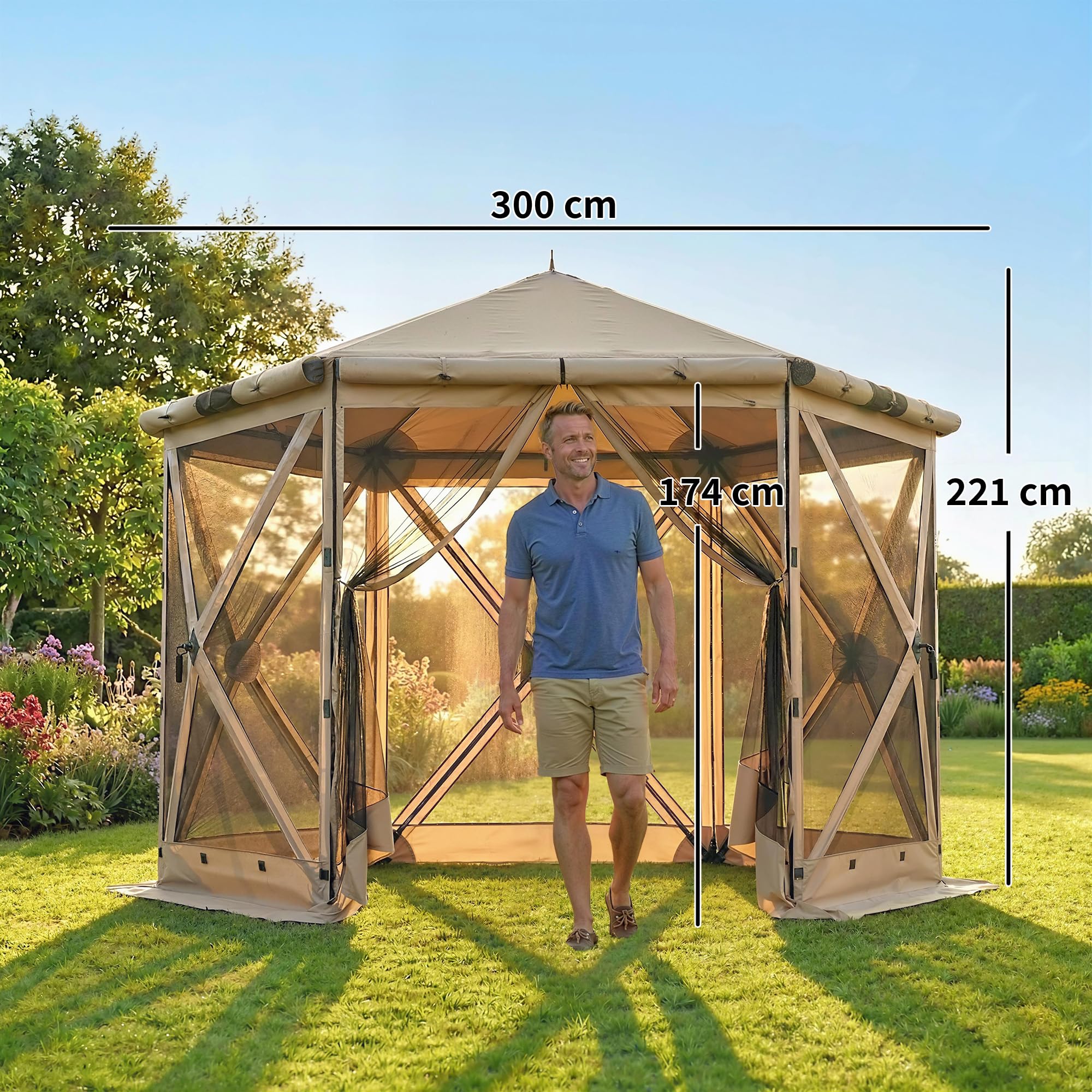Outsunny 3mx2.6m Gazebo Esagonale con Tappeto impermeabile Cachi