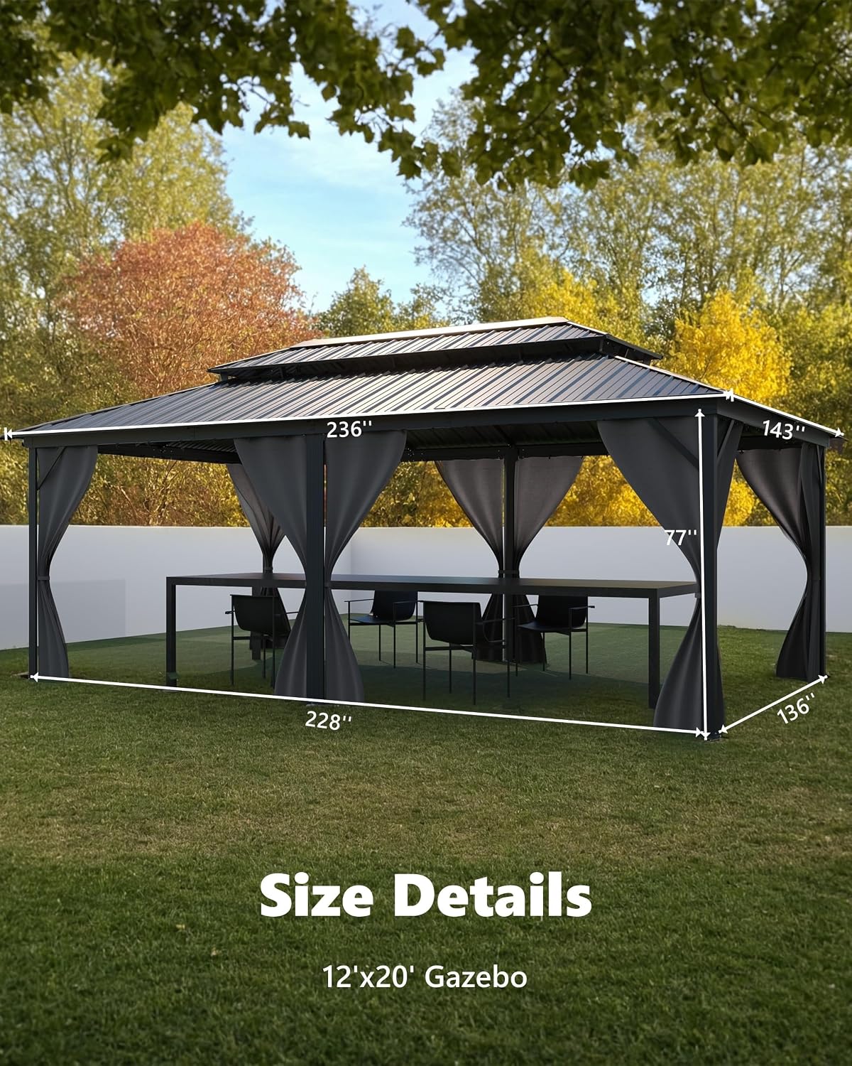 Four diagrams showing the KYBOLT gazebo with curtains and netting in fully closed, fully open, semi-open, and mosquito net off configurations