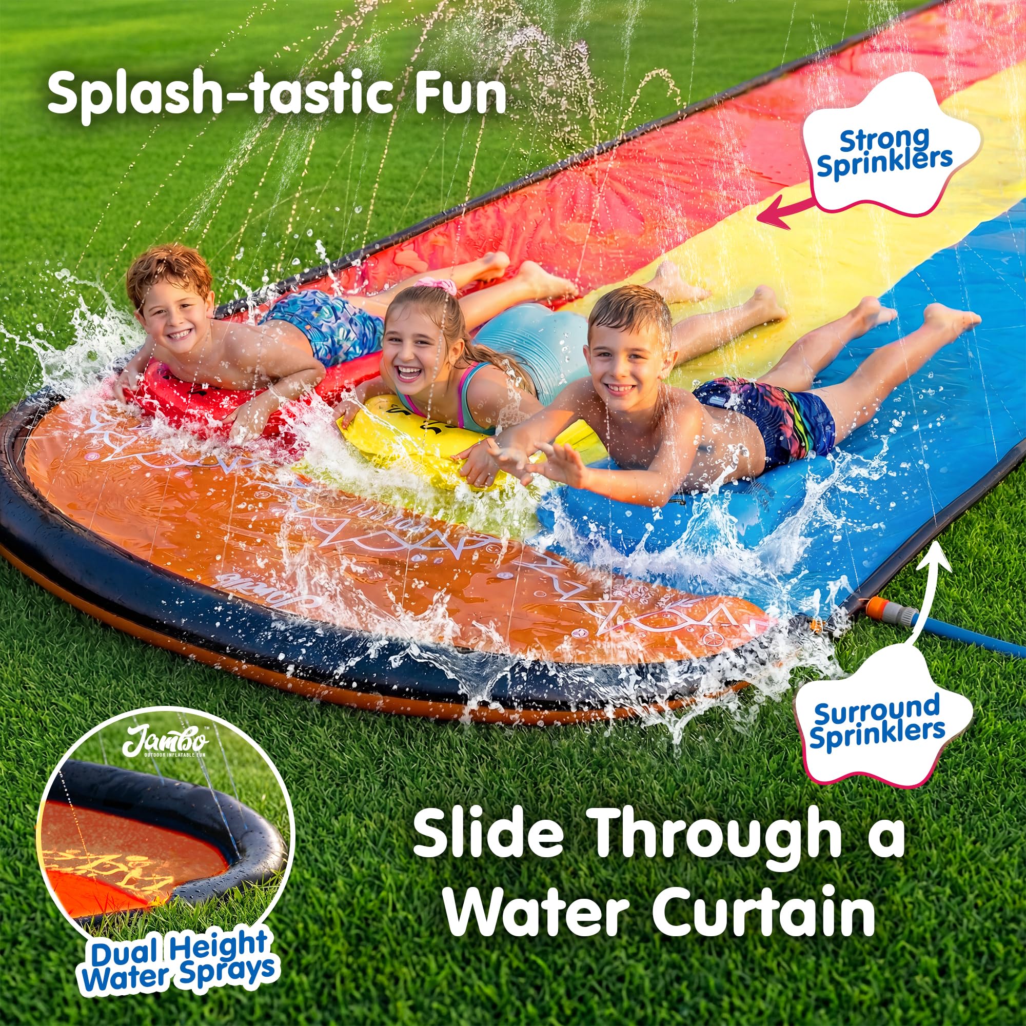 JAMBO Ventriglisse, Toboggan Aquatique 610 cm /20 ft, Tapis de Glisse Eau Enfant à Triple Piste avec 3 Bodyboards, Tapis Glissant Enfant, Jeux D’Eau